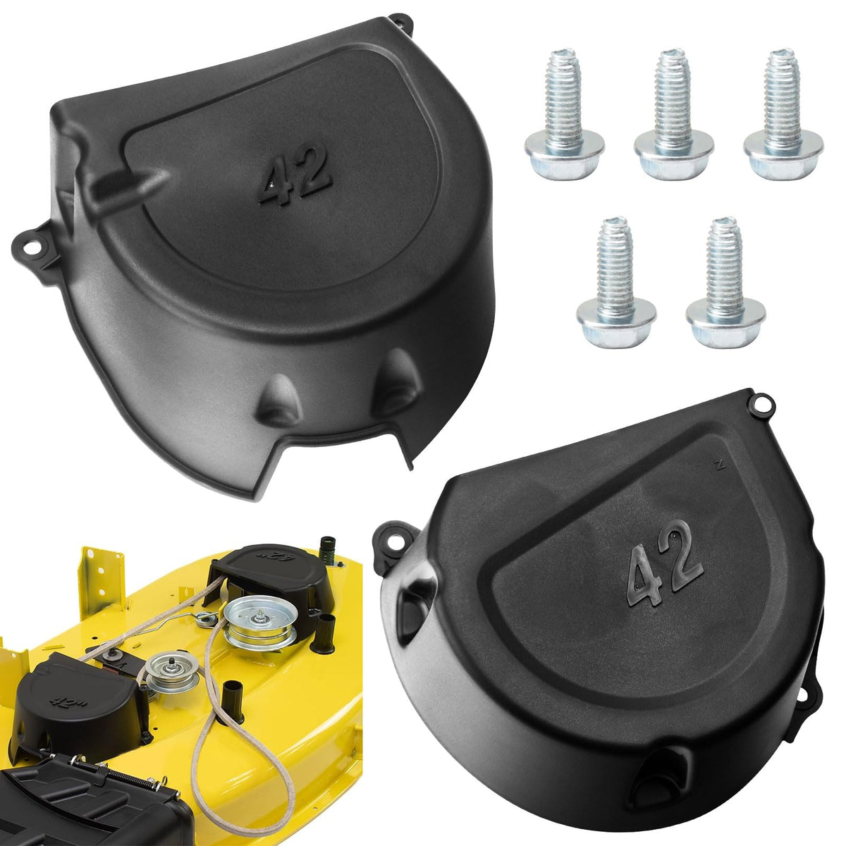 Karbay shield kit left Deere 42in mower deck shields debris and protects cutting edge.