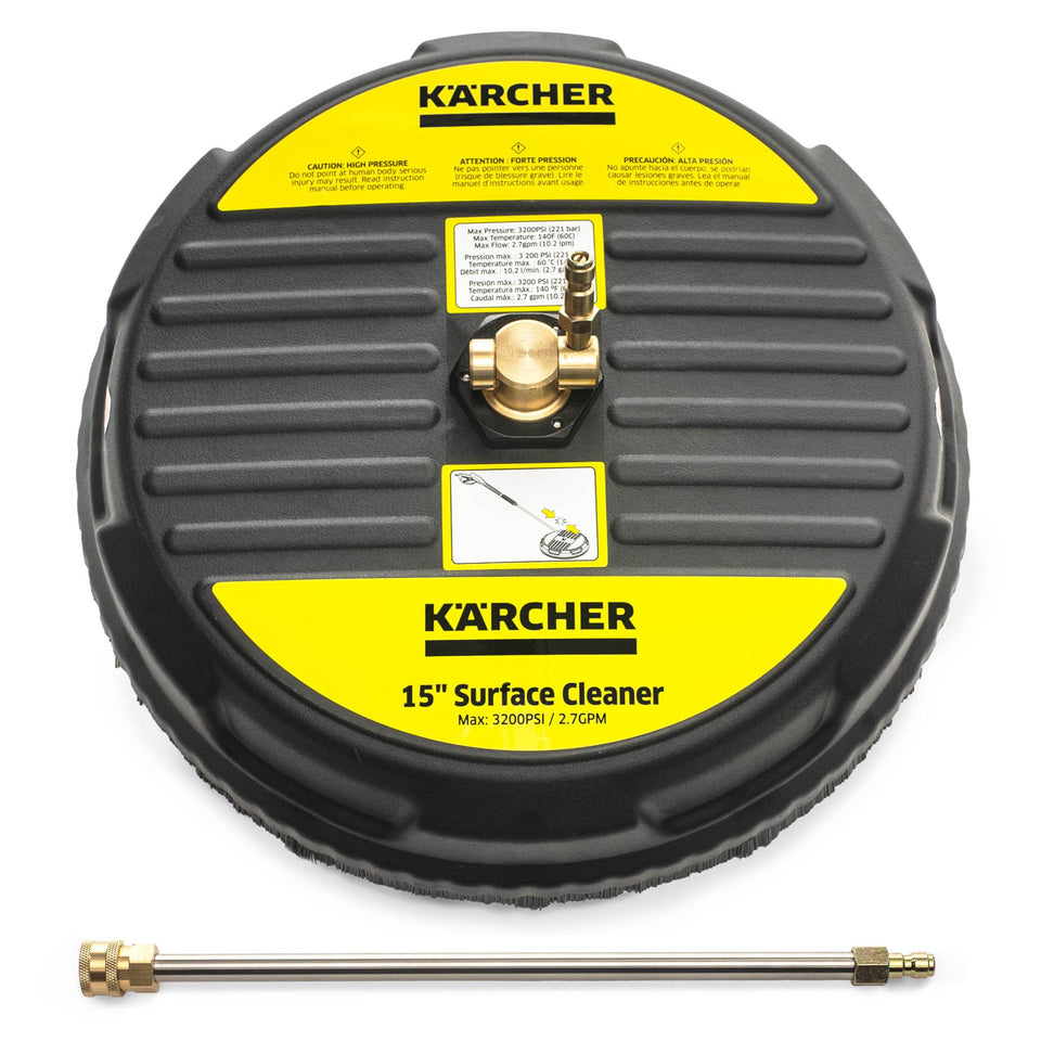 KÄRCHER 15-inch surface cleaner on driveway delivering even, streak-free cleaning.