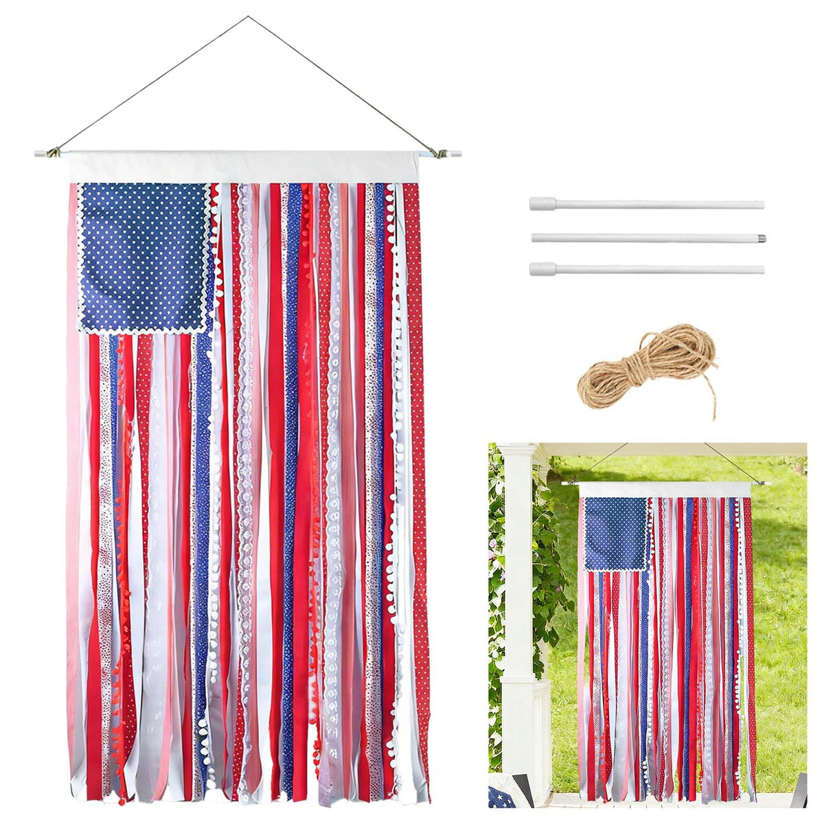 Karjiaja 4th of July rag flag banner on a pole for porch patriotic decor.