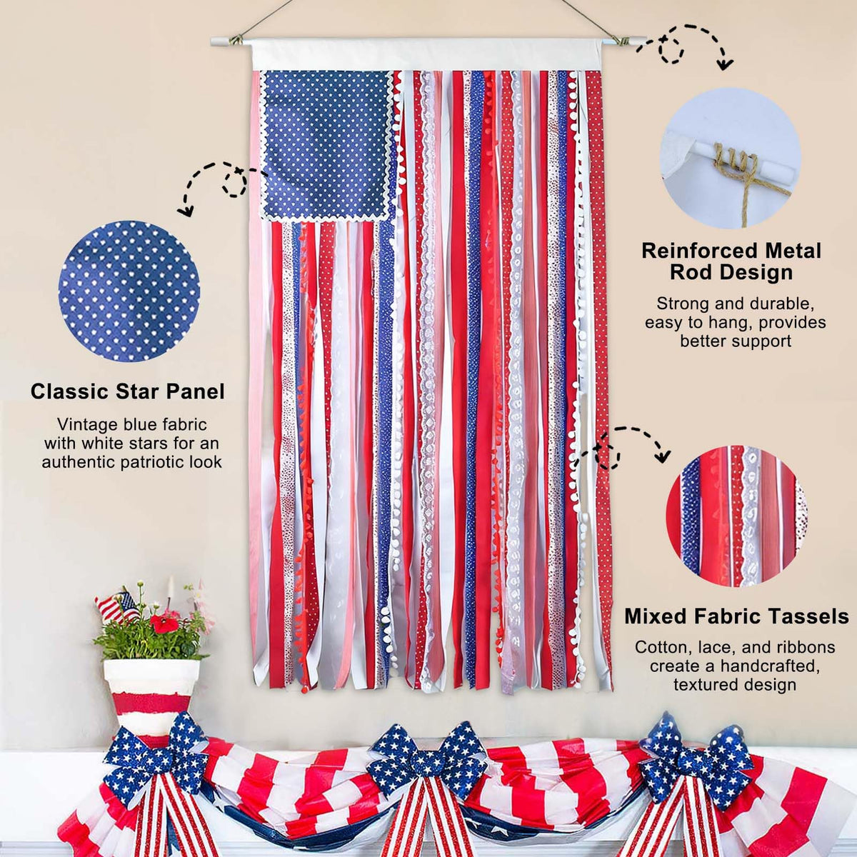 Karjiaja flag banner with pompoms enhances retro July 4th ambiance.