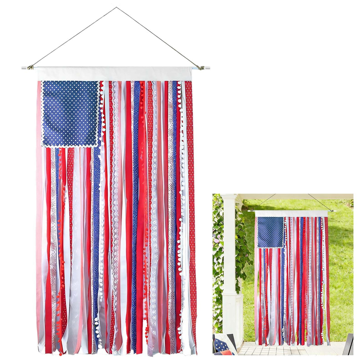 Karjiaja indoor-outdoor flag banner creates focal patriotic decor quickly.