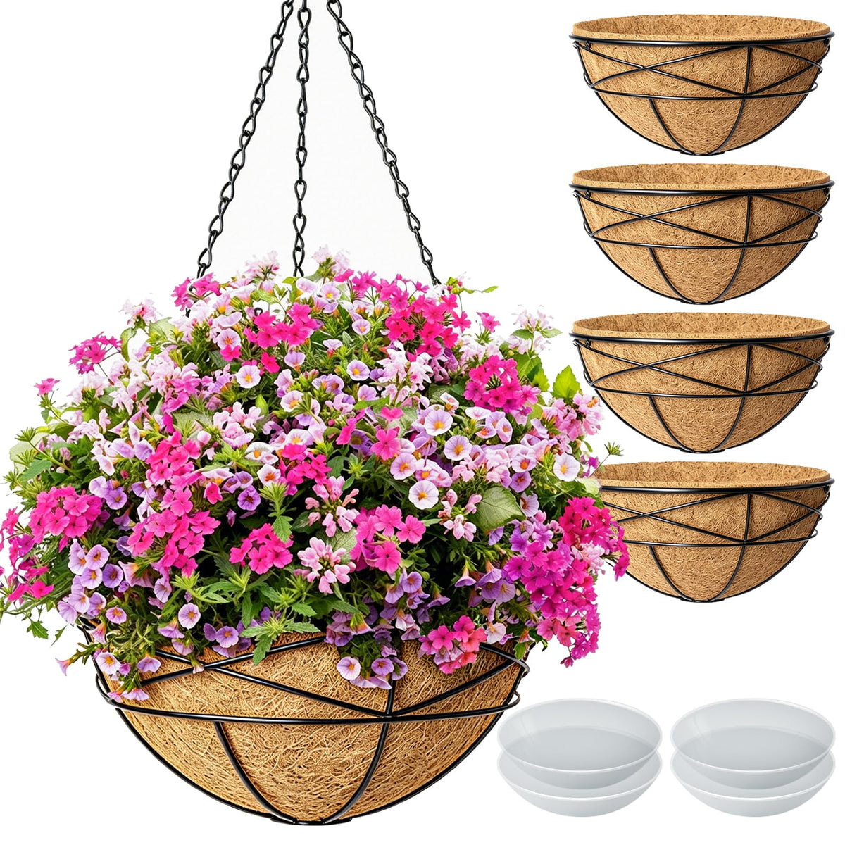 Karlliu 4-pack 14-inch outdoor hanging baskets with coco liners for balcony plants.