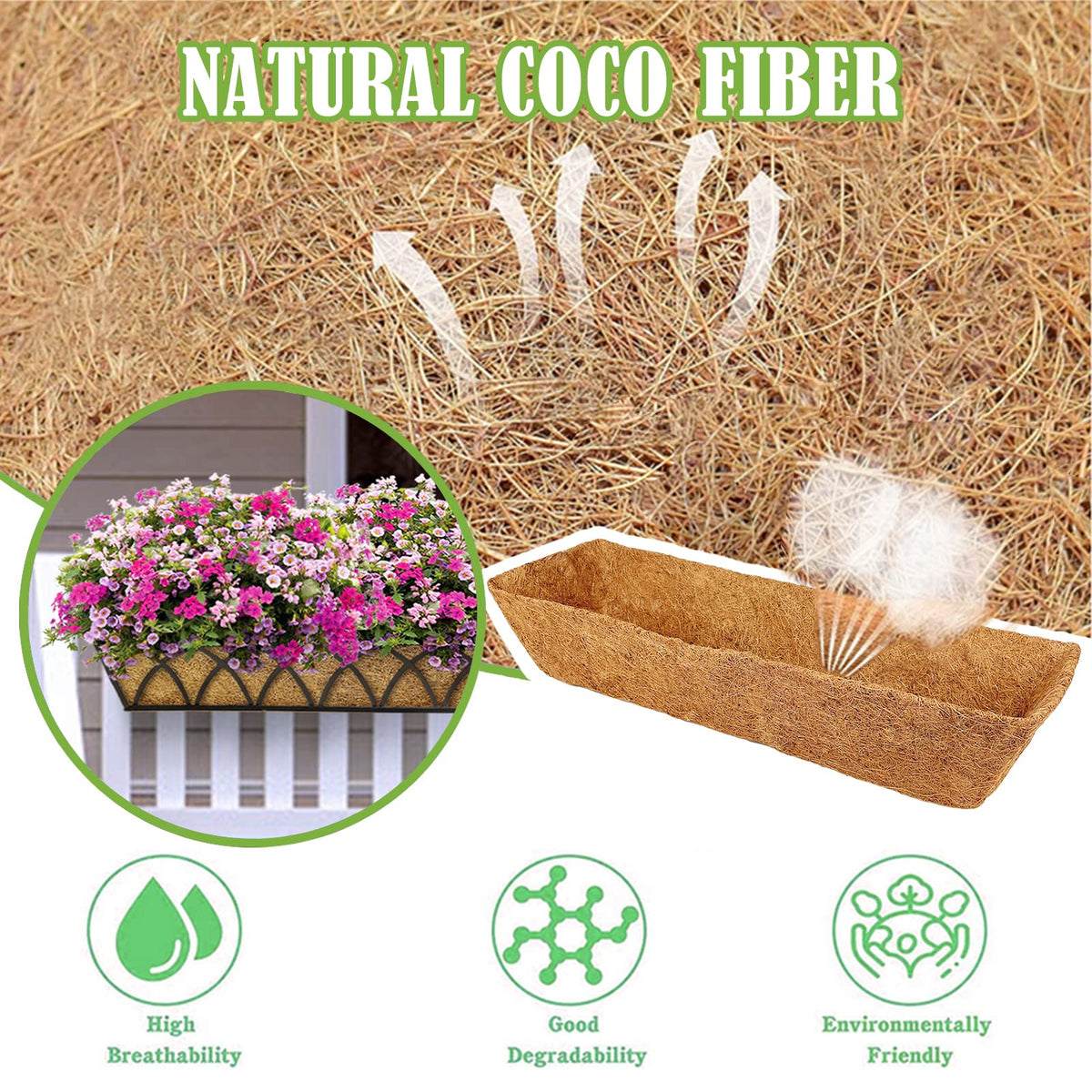 Karlliu coconut fiber liner supports lush window box greenery.