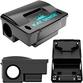 Kat Sense rat bait station close-up shows locking lid for tamper resistance.