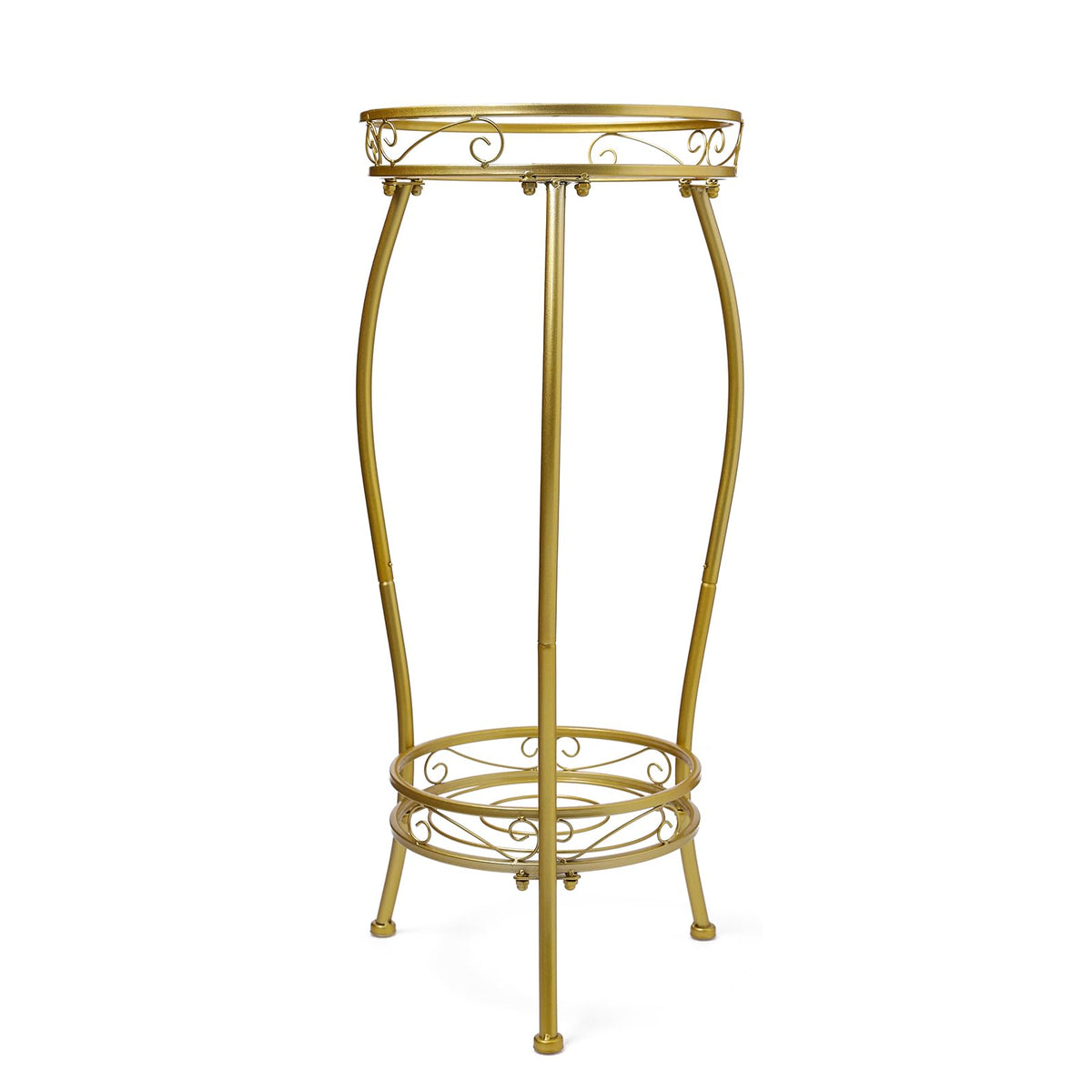 Kavlium tall gold plant stand, front view, showcasing two-tier stability for multiple pots.