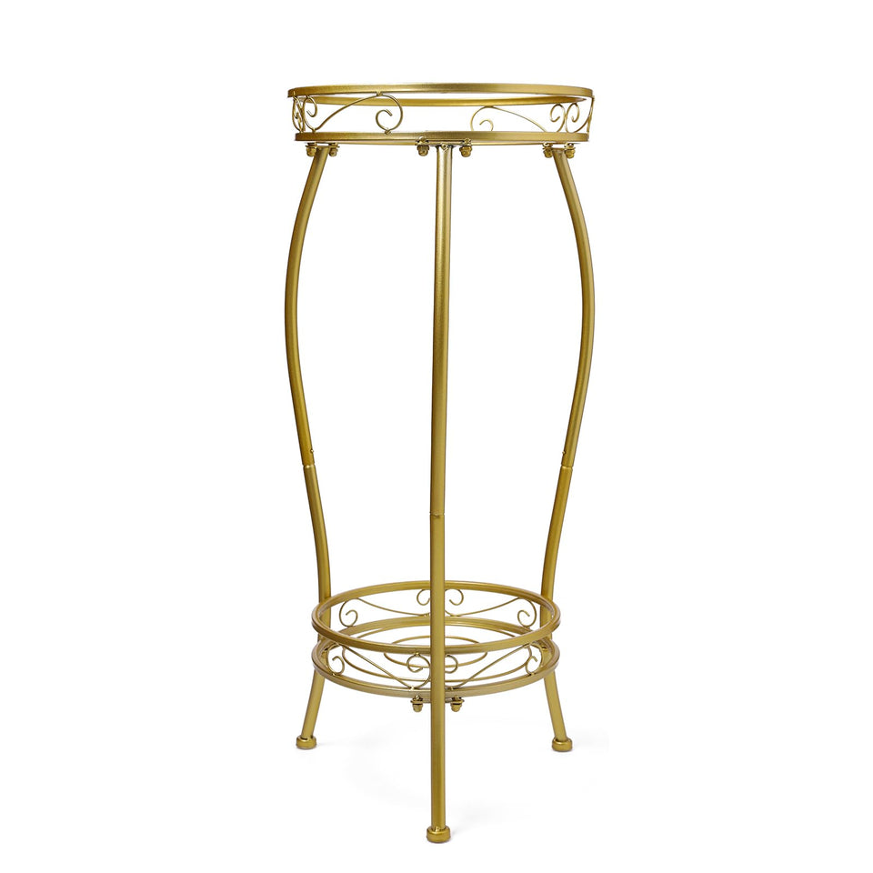 Kavlium tall gold plant stand, front view, showcasing two-tier stability for multiple pots.