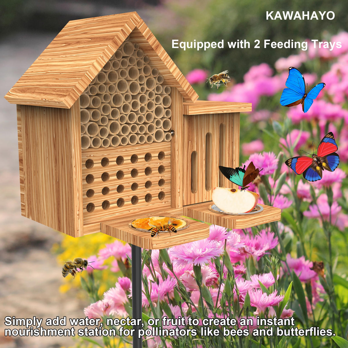 KAWAHAYO Mason Bee House feeding trays invite nectar water or fruit for pollinators