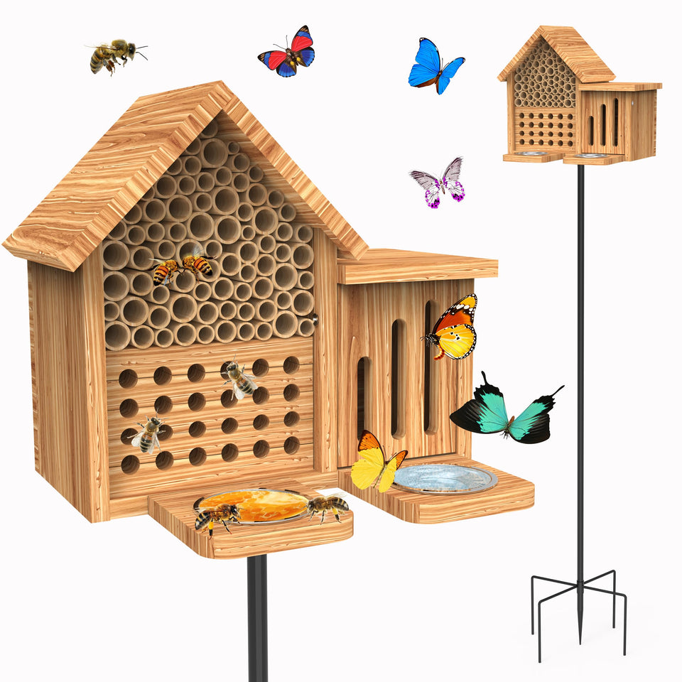 KAWAHAYO Mason Bee House front view showcases nesting bamboo tubes in natural pine