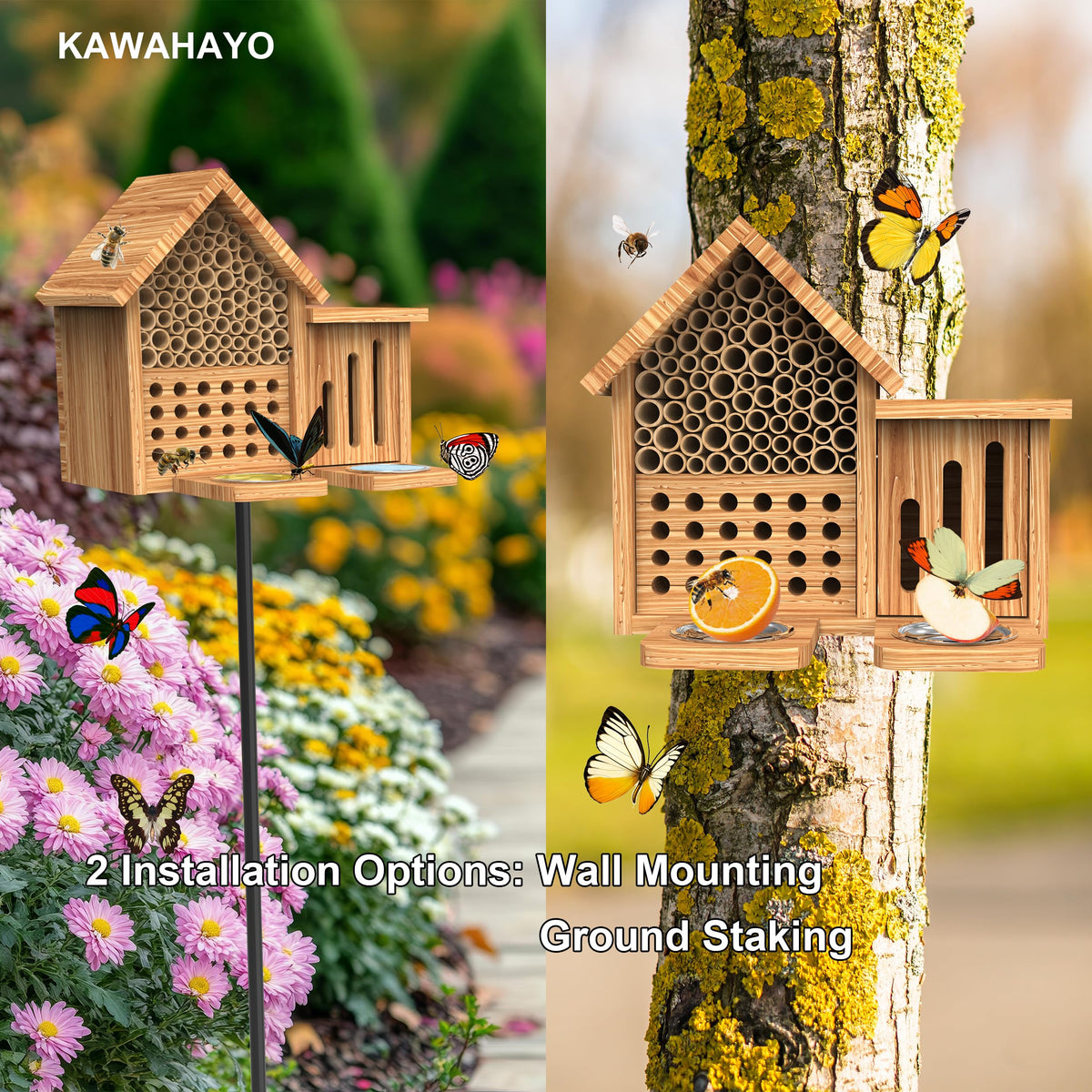 KAWAHAYO Mason Bee House wall-mount option adds garden display versatility