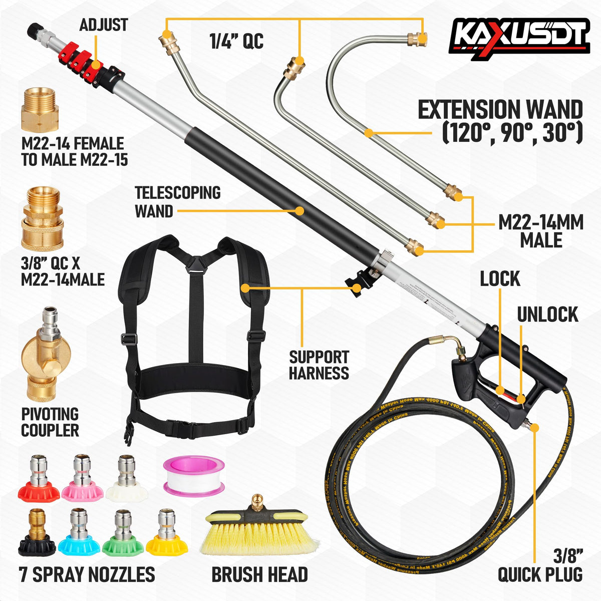 KAXUSDT included accessories with brush head and multiple wand extensions.