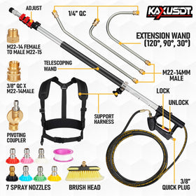 KAXUSDT included accessories with brush head and multiple wand extensions.