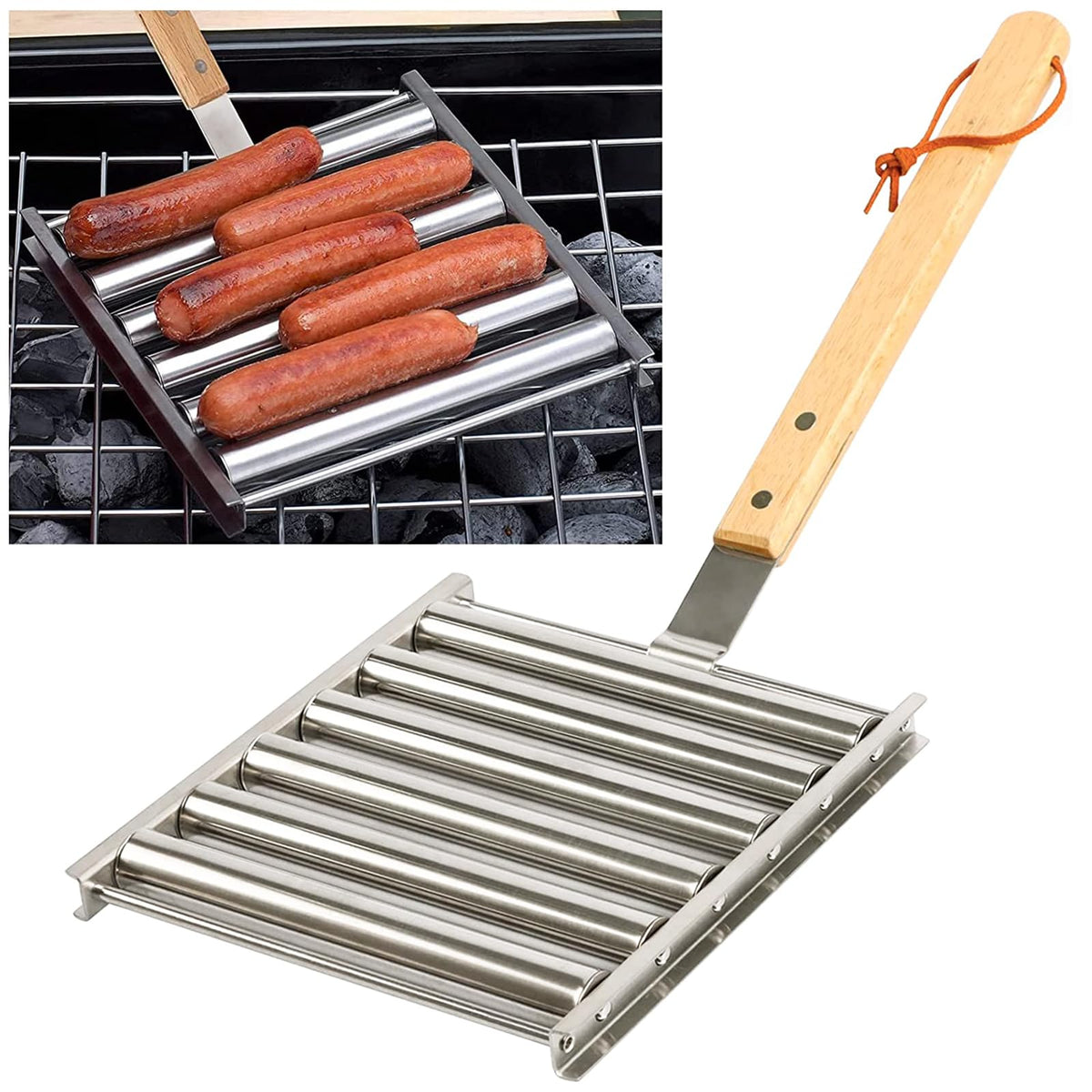 KAYCROWN hot dog roller attached to grill with extended wood handle for safe operation