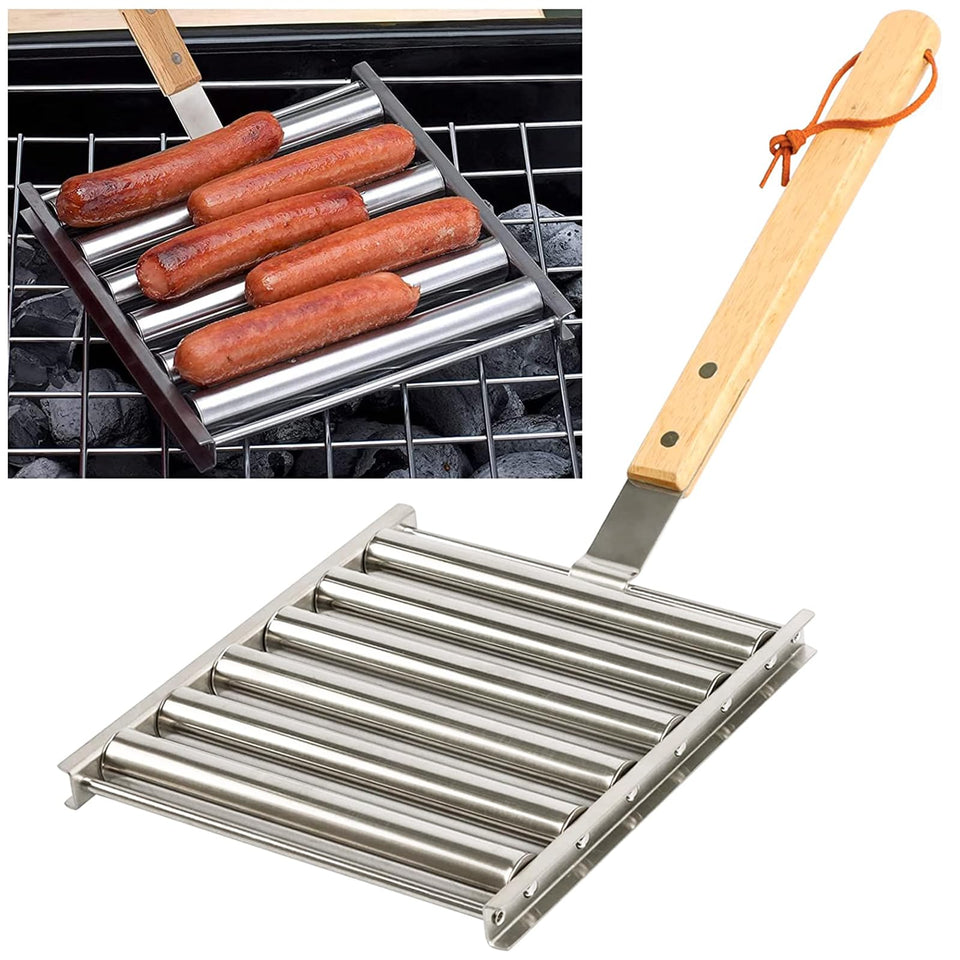KAYCROWN hot dog roller attached to grill with extended wood handle for safe operation