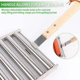 KAYCROWN hot dog roller on a charcoal grill during cooking