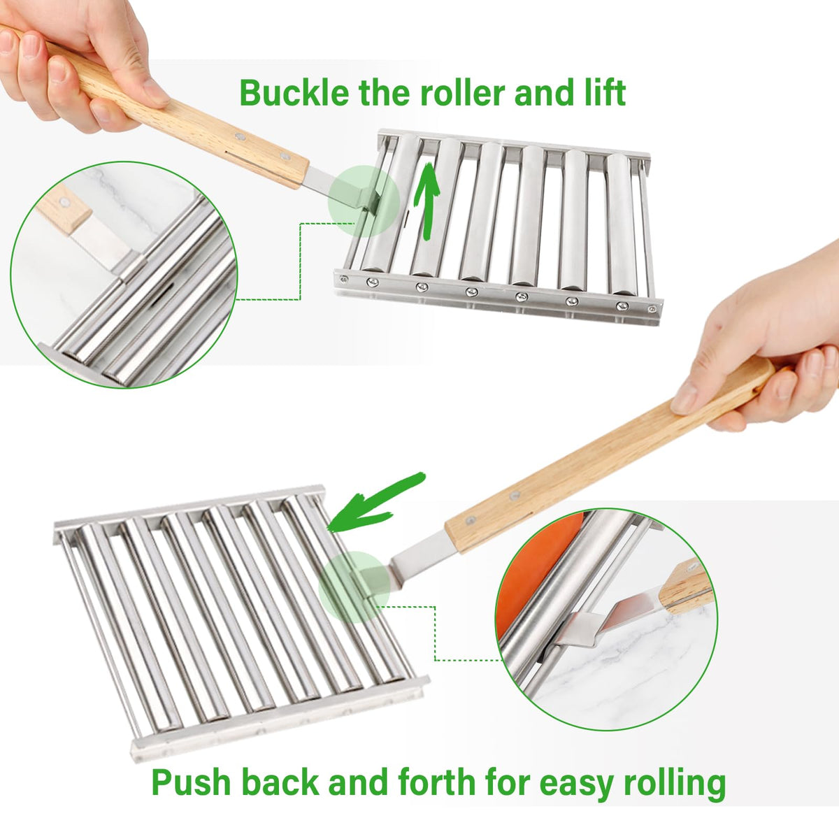 Close-up of KAYCROWN wooden handle on hot dog roller