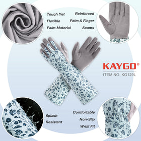 KAYGO women's garden gloves with elbow gauntlet shield forearms while pruning.