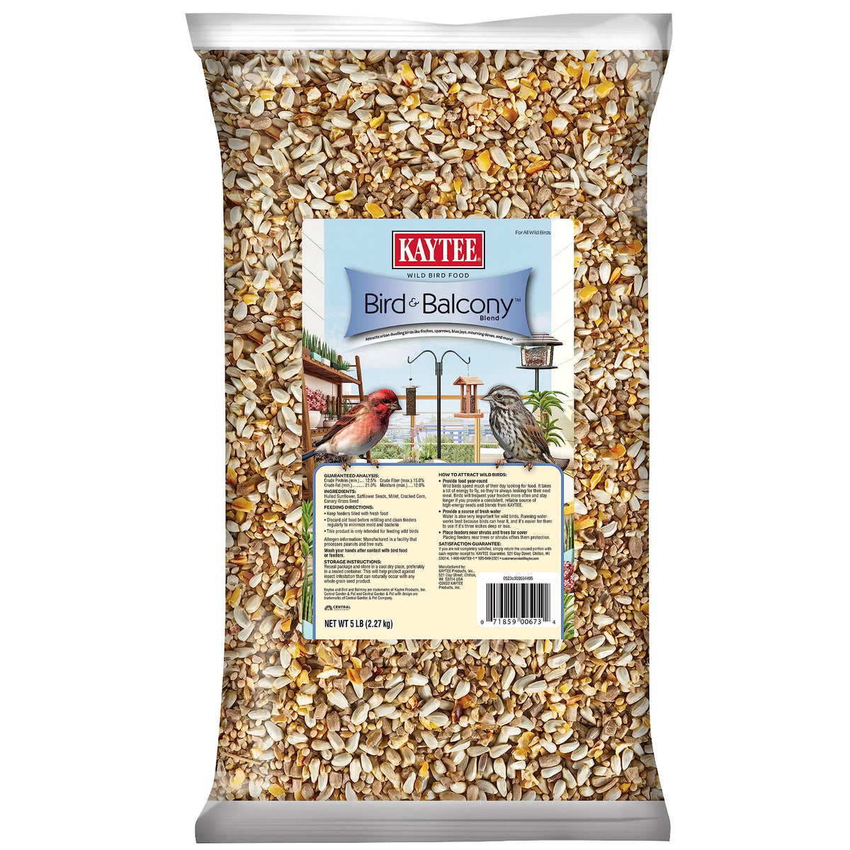 Kaytee Bird & Balcony No Mess Seed Blend on a balcony feeder attracts city finches