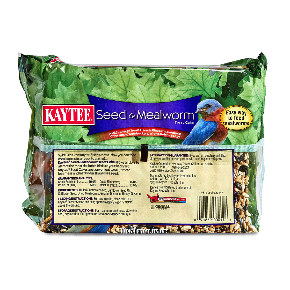 Kaytee bird seed-mealworm cake offers mess-reduced feeding in garden