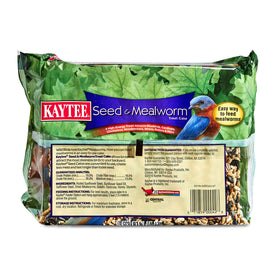 Kaytee bird seed-mealworm cake offers mess-reduced feeding in garden