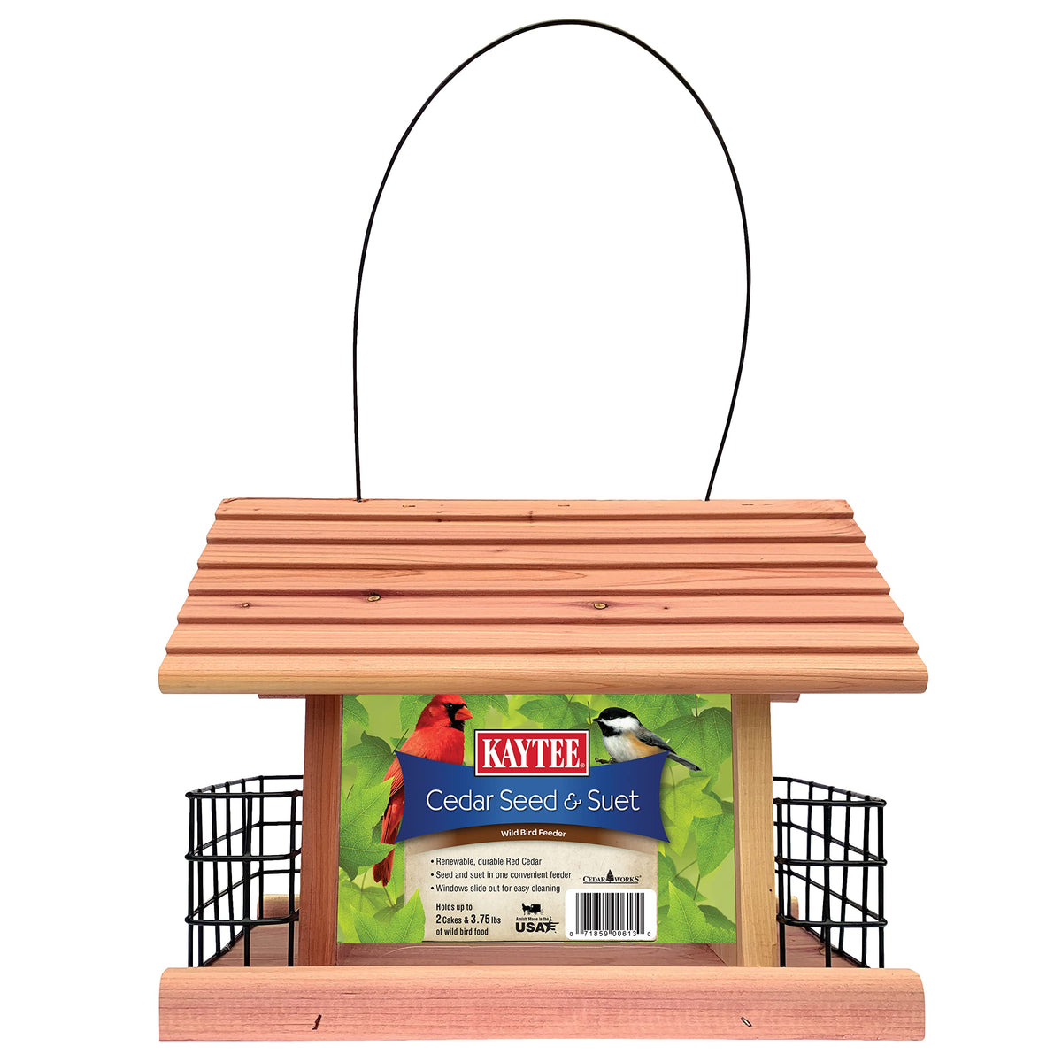 Kaytee Cedar Seed and Suet Feeder center stores seed while attracting birds.