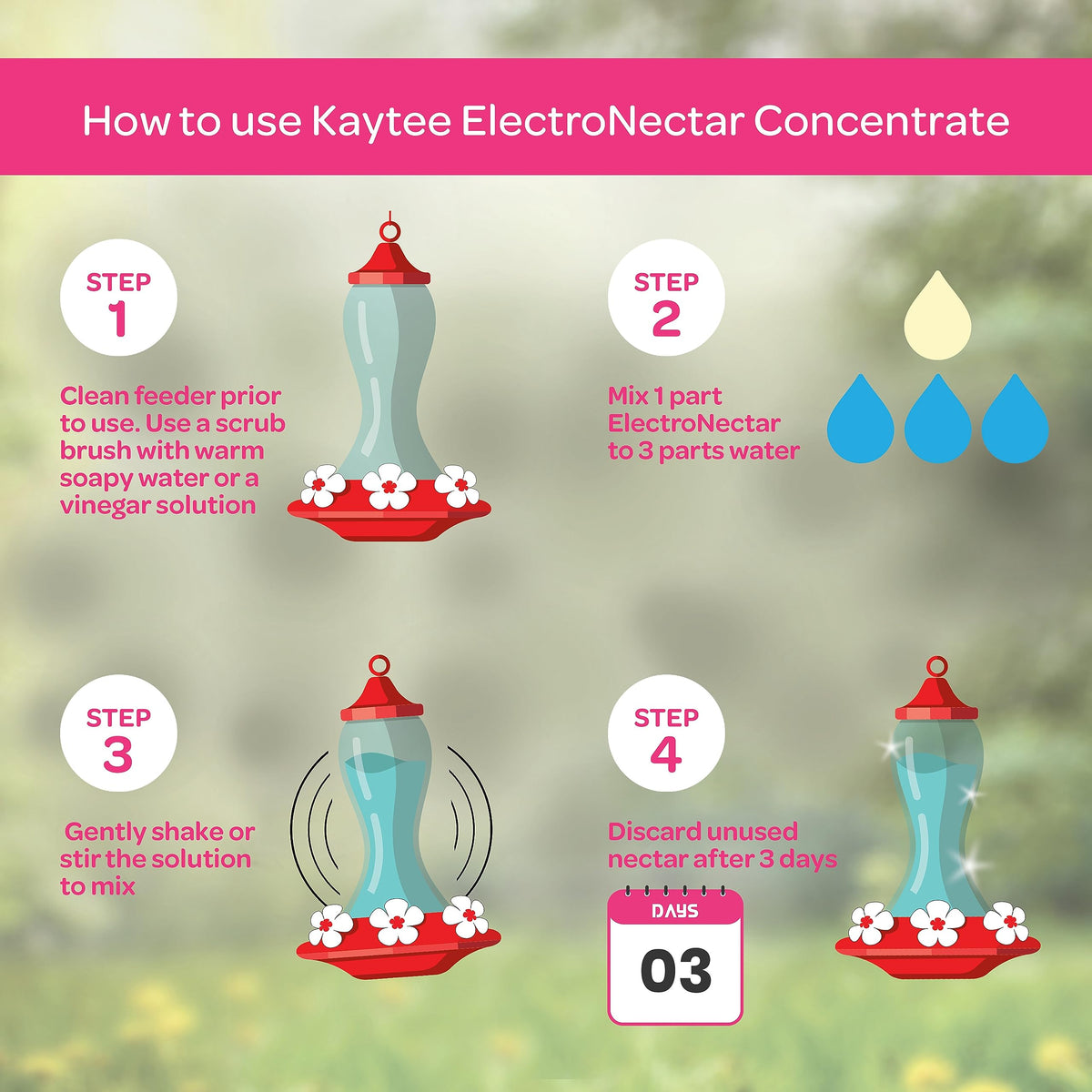 Kaytee ElectroNectar being poured into feeder for quick, easy nectar prep