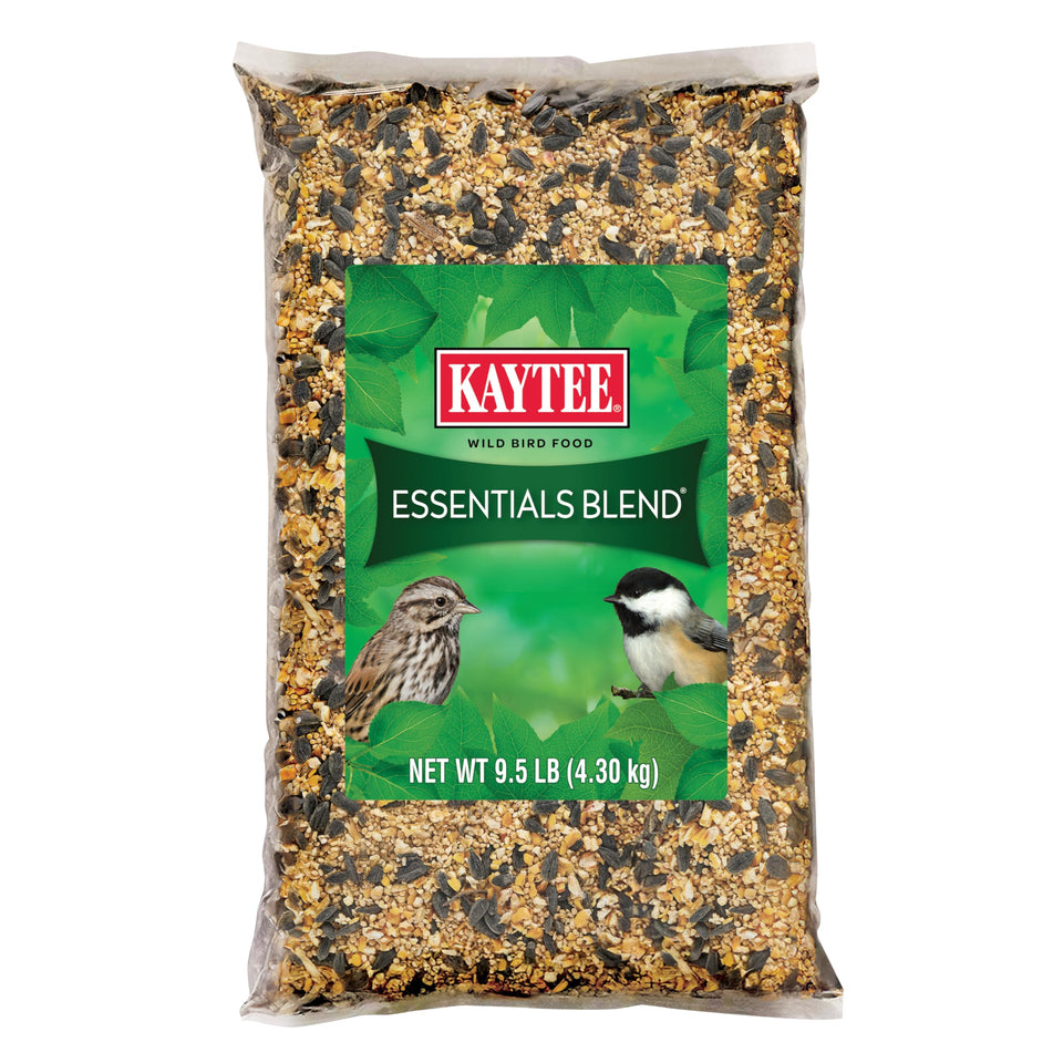 Kaytee Essentials Blend bag closeup showing seed variety to attract diverse backyard birds.