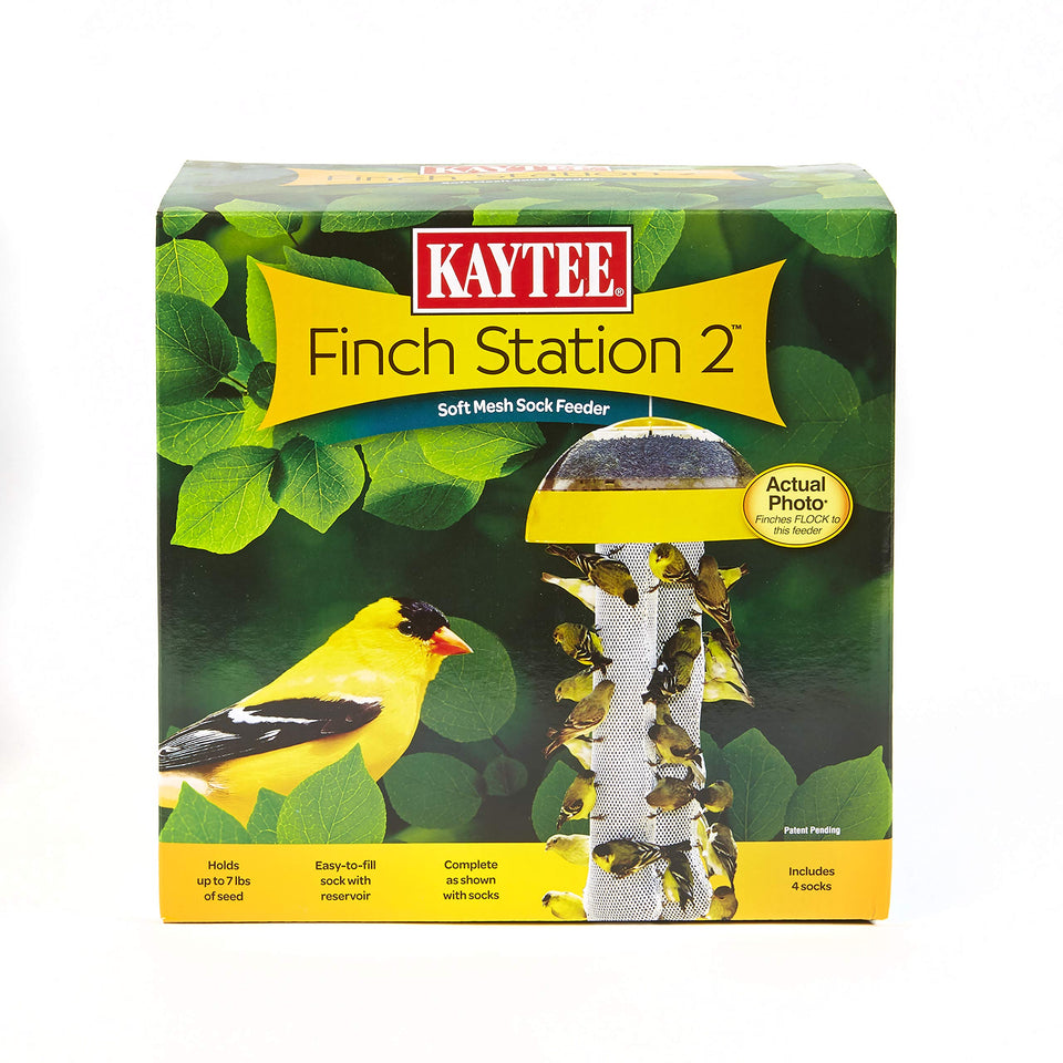 Kaytee Finch Station 2 full product with soft mesh socks for easy backyard bird feeding.
