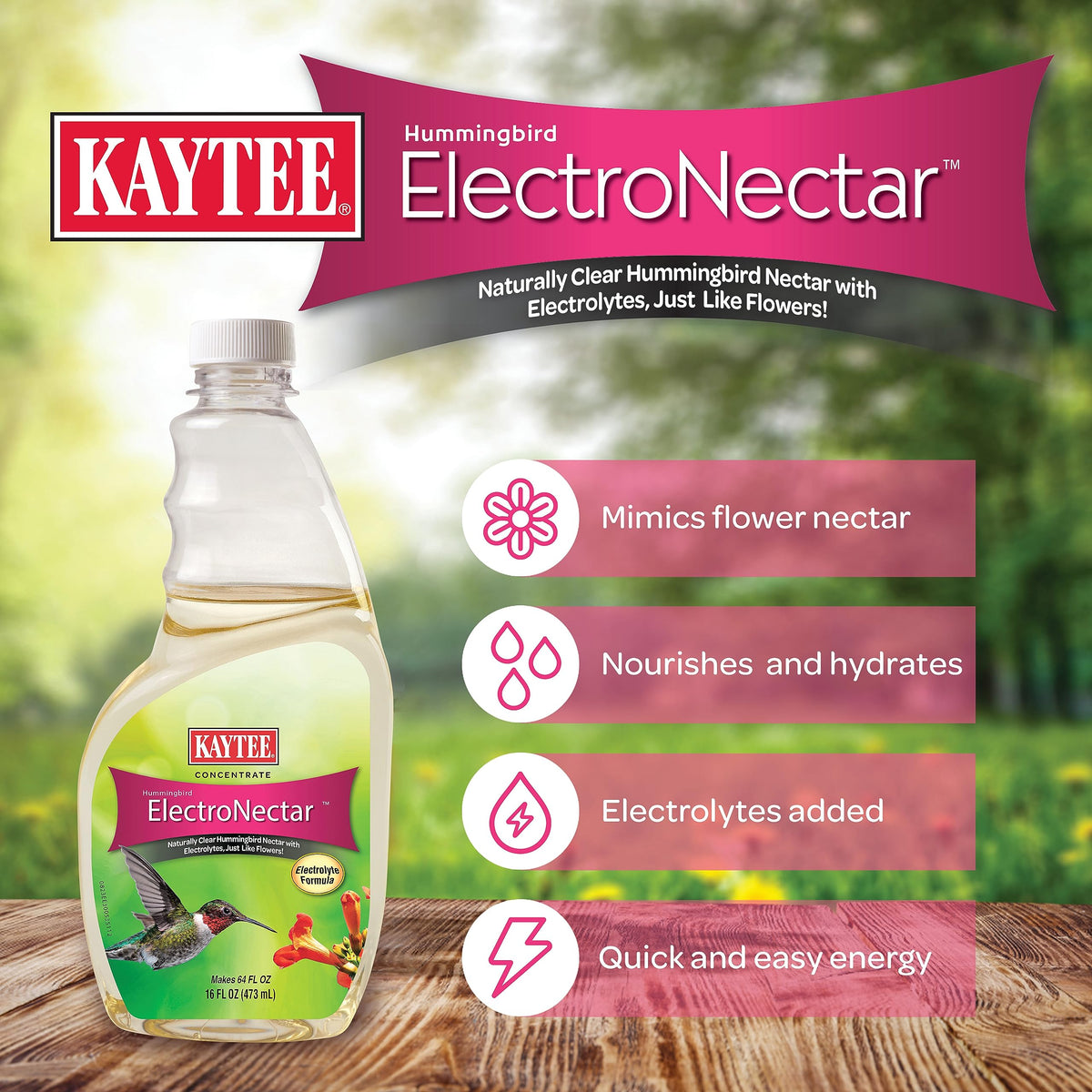 Kaytee hummingbird feeder with clear nectar demonstrating natural, dye-free formula
