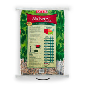 14 lb Kaytee Midwest Regional Seed Blend box positioned near feeder.
