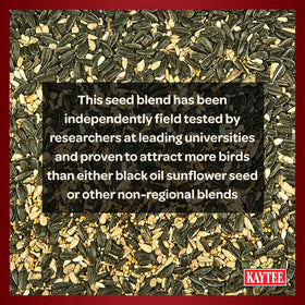 Kaytee Midwest Regional Seed Blend in feeder attracting multiple backyard birds.