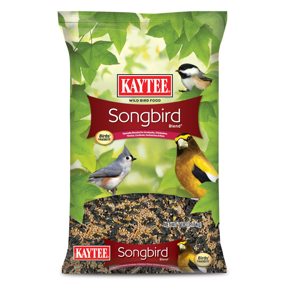 Kaytee Songbird Blend with two sunflower seed varieties attracts diverse songbirds.