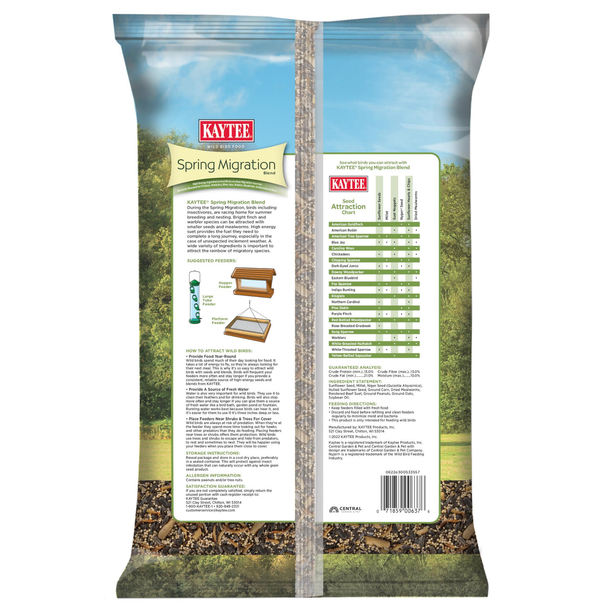 Kaytee Spring Migration Seed Blend bag back with ingredients and purpose for feeders