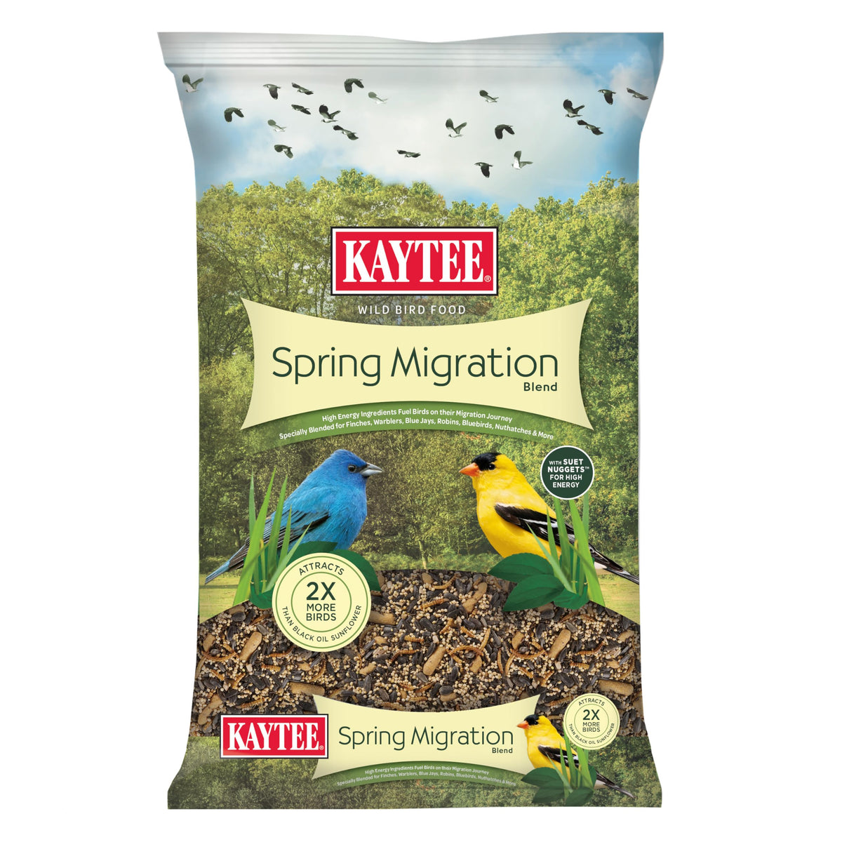 Kaytee Spring Migration Seed Blend bag front showing high-energy mix for migratory songbirds
