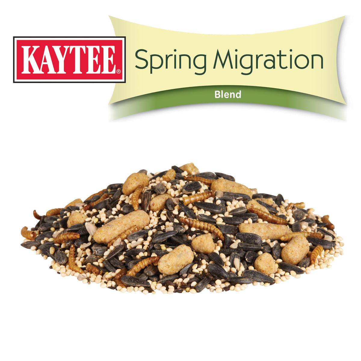 Closeup of Kaytee mealworms in Spring Migration Seed Blend for insectivores