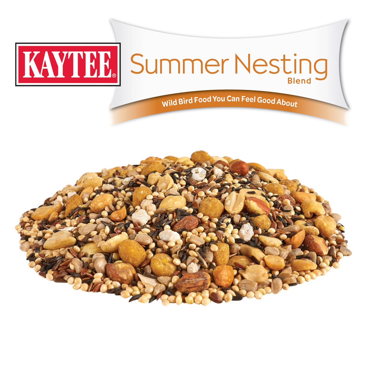 Birds feeding on Kaytee blend in a backyard feeder