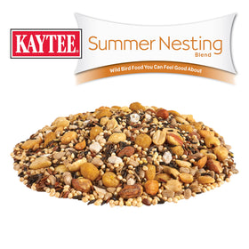 Birds feeding on Kaytee blend in a backyard feeder