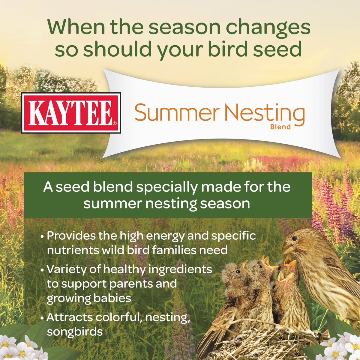 Kaytee mix supporting nest building with birds nearby