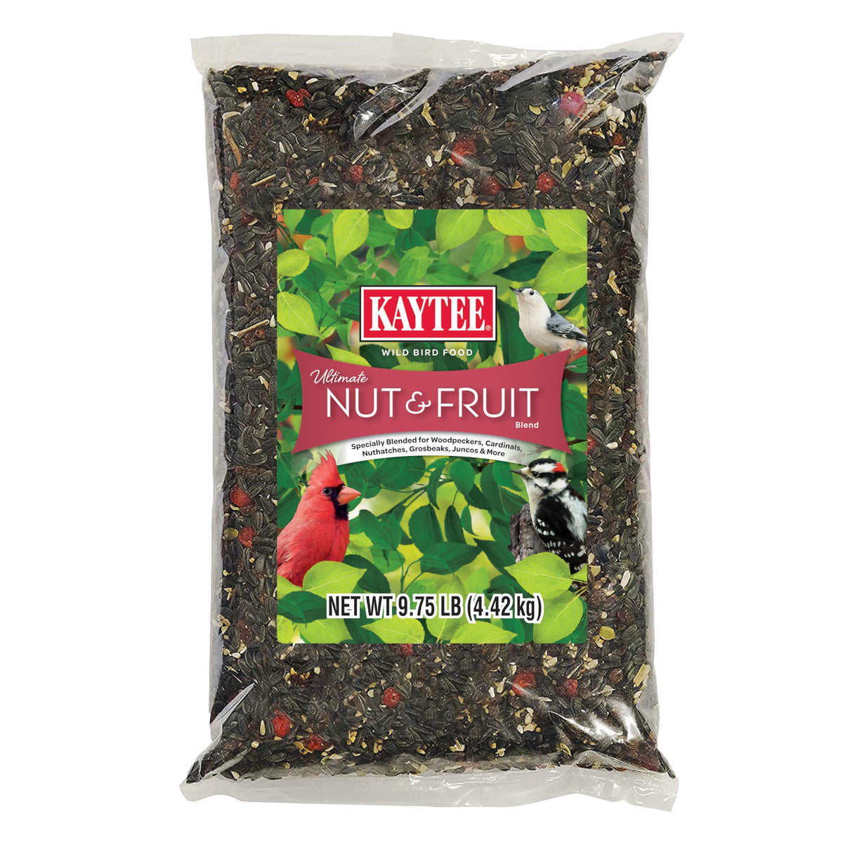 Kaytee Ultimate Nut & Fruit Blend bag shown attracting a diverse backyard flock with energy rich ingredients.