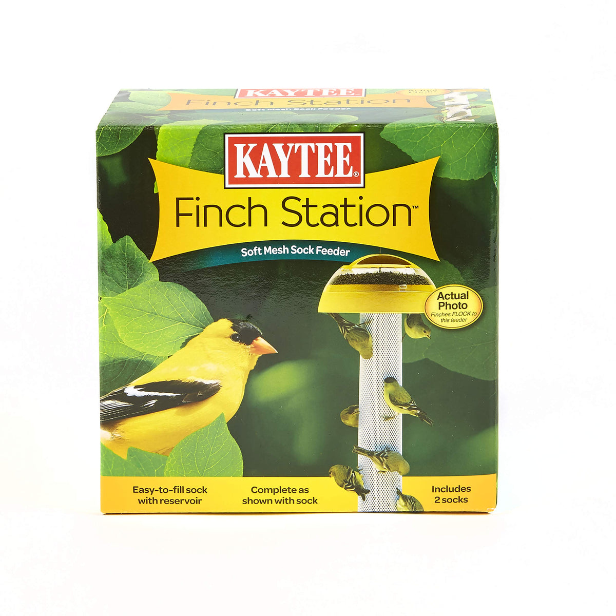 Kaytee Finch Station with soft mesh socks attracts multiple finches in a sunny backyard