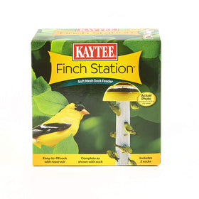 Kaytee Finch Station with soft mesh socks attracts multiple finches in a sunny backyard