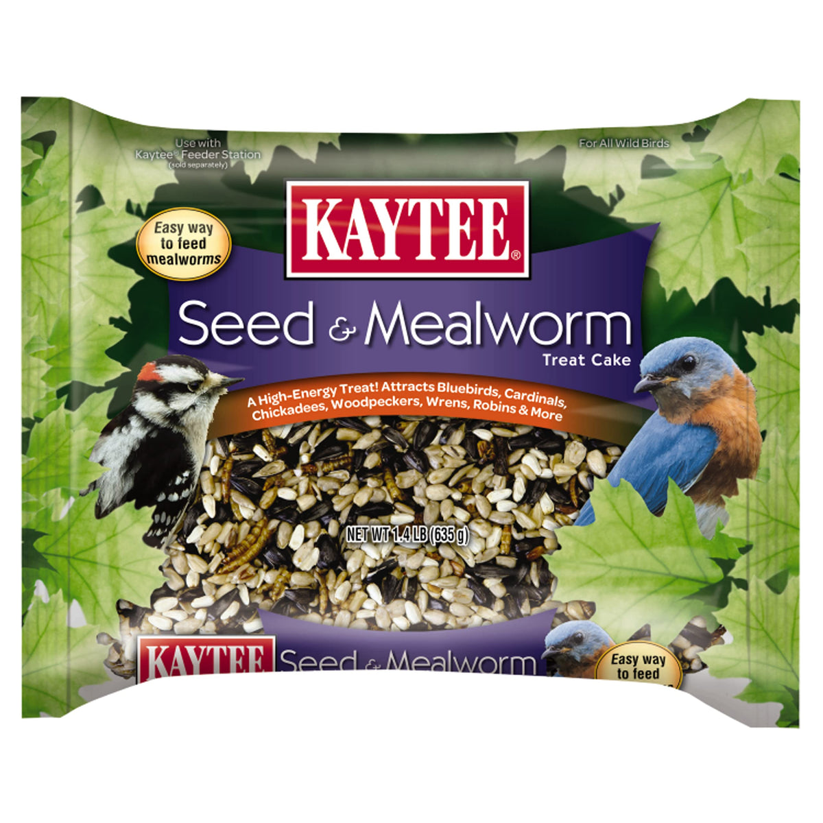 Kaytee wild bird seed-mealworm cake in feeder attracts bluebirds with high-energy nourishment