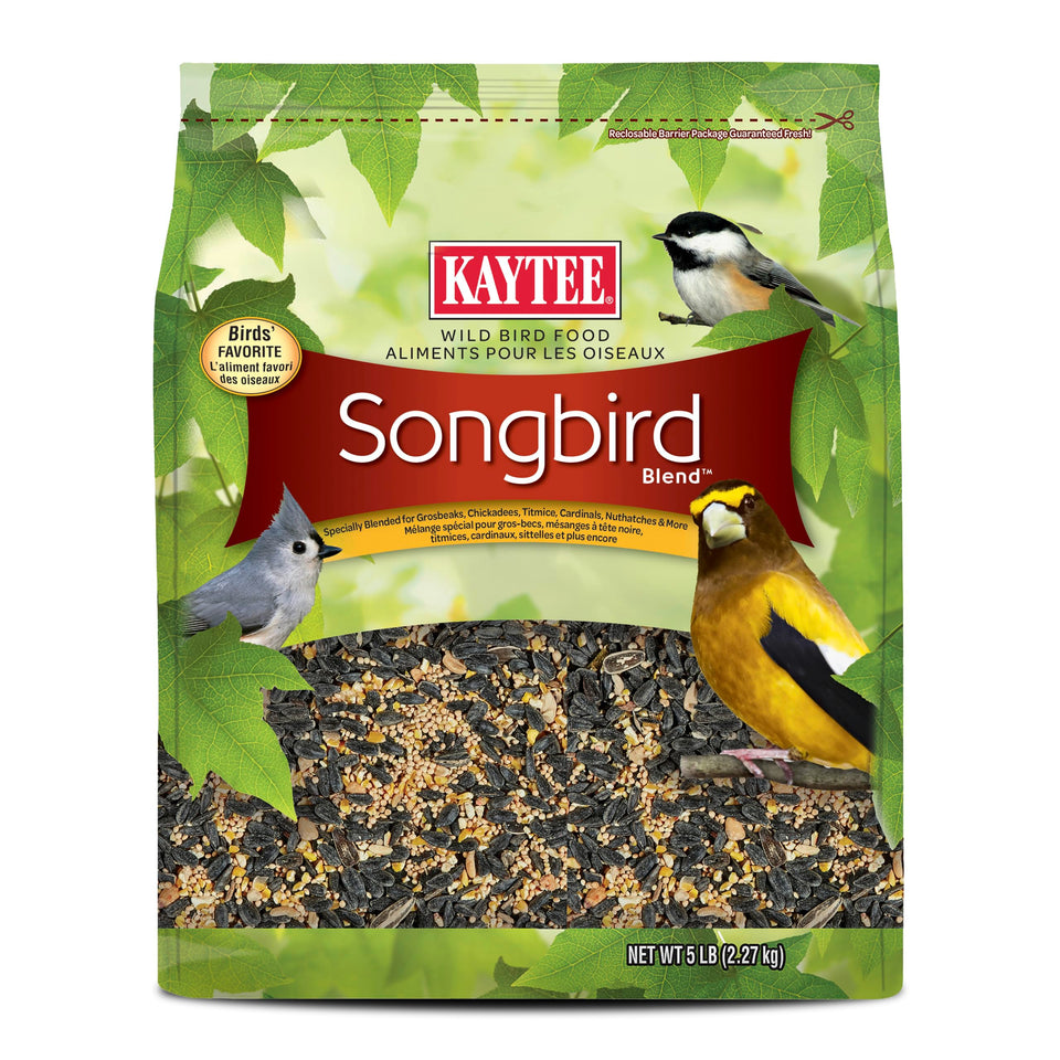 Kaytee Wild Bird Songbird Blend 5 lb bag front, ready to attract colorful songbirds.