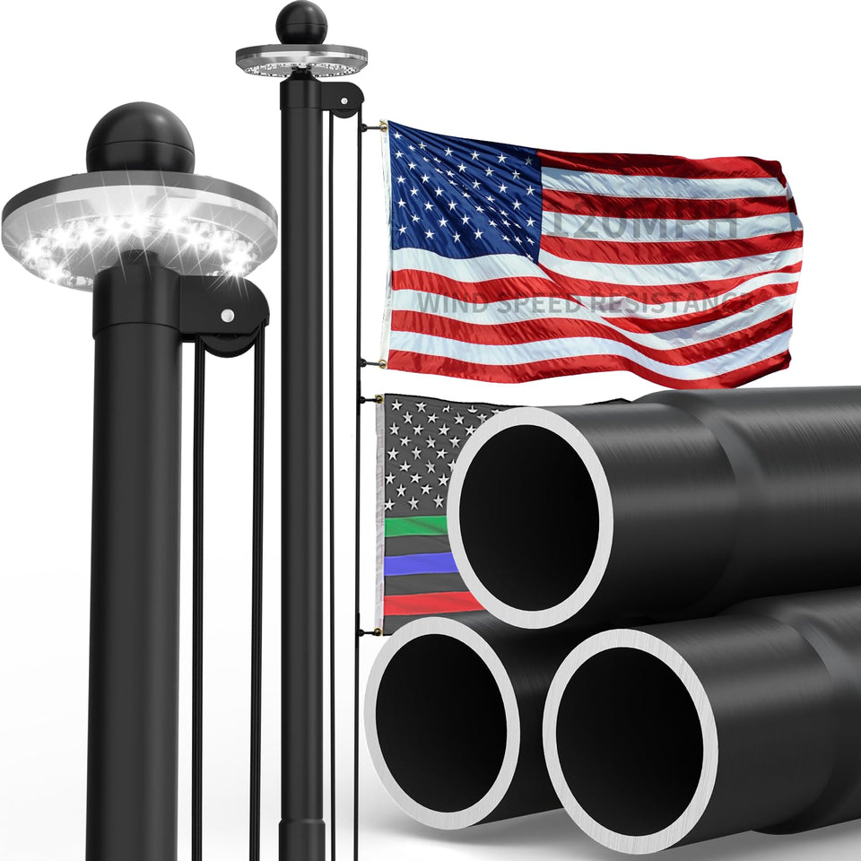 KBLOONG 25ft black flag pole with solar light for durable outdoor display