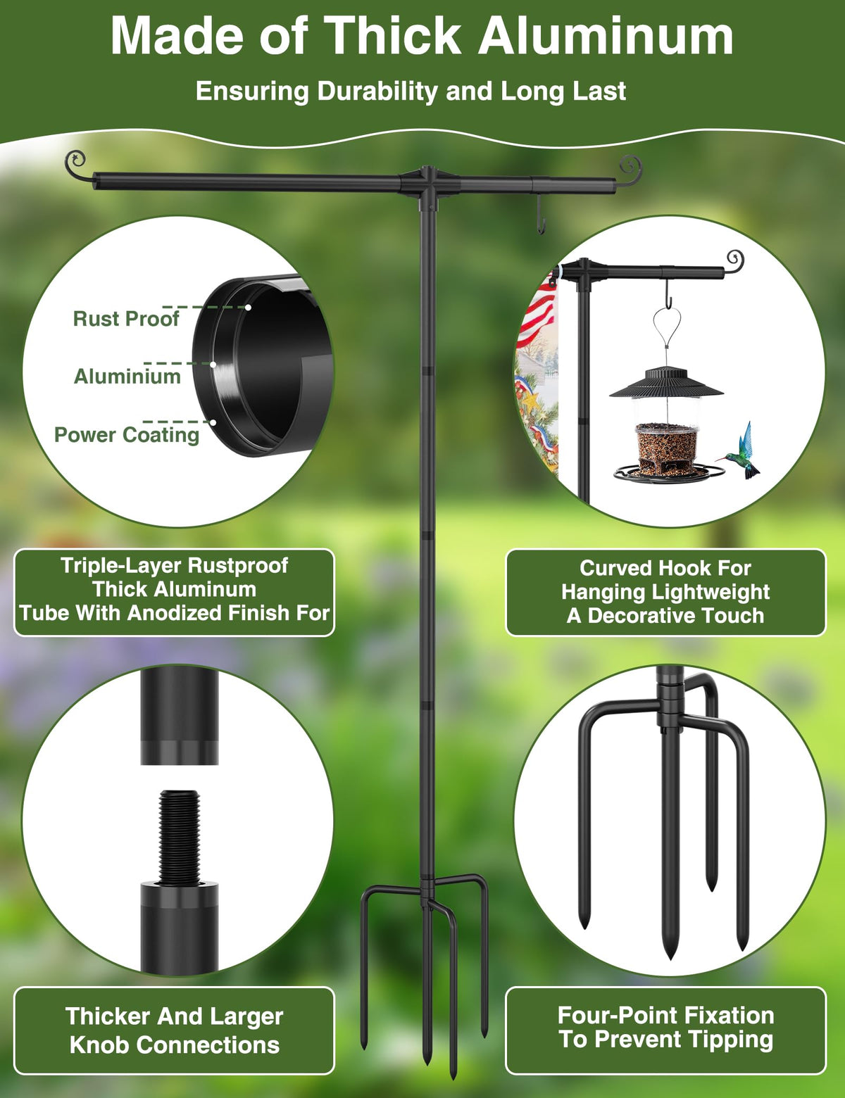KBLOONG four-prong base offers secure ground grip even on windy days.