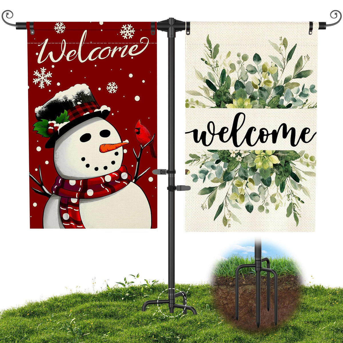 KBLOONG garden flag stand overview demonstrates sturdy yard display for all seasons.
