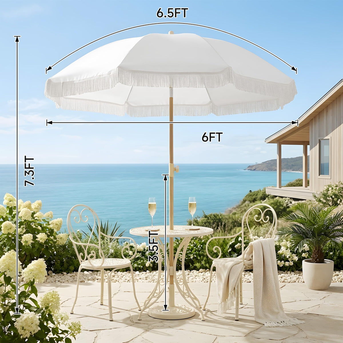 Kbrellaoutlets Patio Fringe Umbrella fabric closeup shows durable polyester