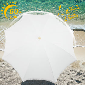 Kbrellaoutlets Patio Fringe Umbrella open tilt demonstrates easy shade adjustment