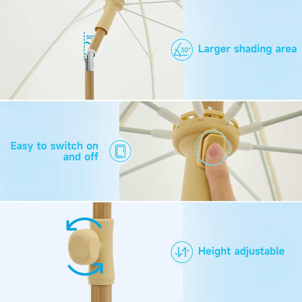 Kbrellaoutlets Patio Fringe Umbrella tilt button enables quick sun-angle adjustment.