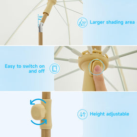 Kbrellaoutlets Patio Fringe Umbrella tilt button enables quick sun-angle adjustment.