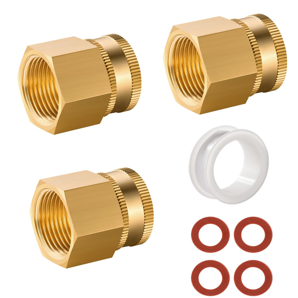 Kbrotech brass garden hose adapter swivel close-up with GHT and NPT threads for compatibility.